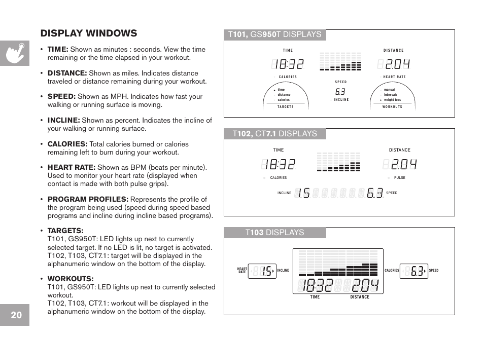 20 display windows, T 103 displays | Horizon Fitness GS950T User Manual | Page 20 / 88