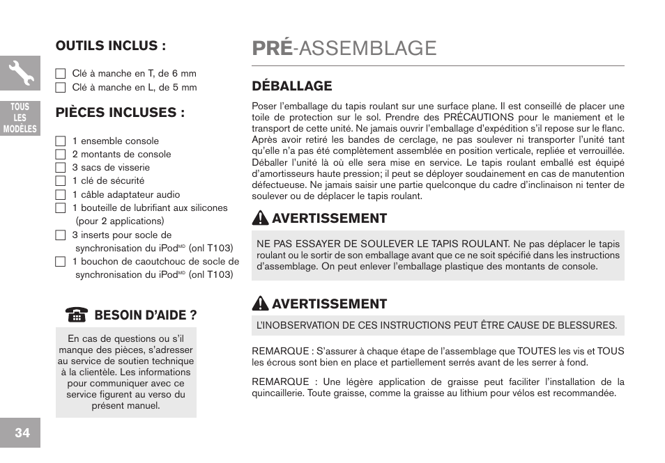 Pré -assemblage, Outils inclus, Pièces incluses | Avertissement déballage, Avertissement besoin d’aide | Horizon Fitness GS950T User Manual | Page 34 / 88
