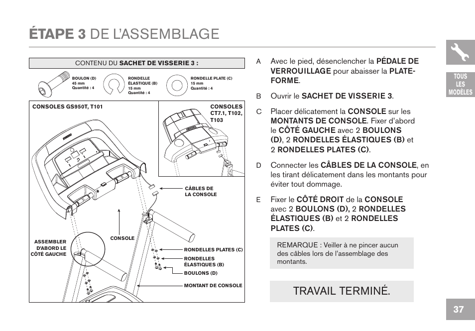 Étape 3 de l’assemblage, Travail terminé | Horizon Fitness GS950T User Manual | Page 37 / 88