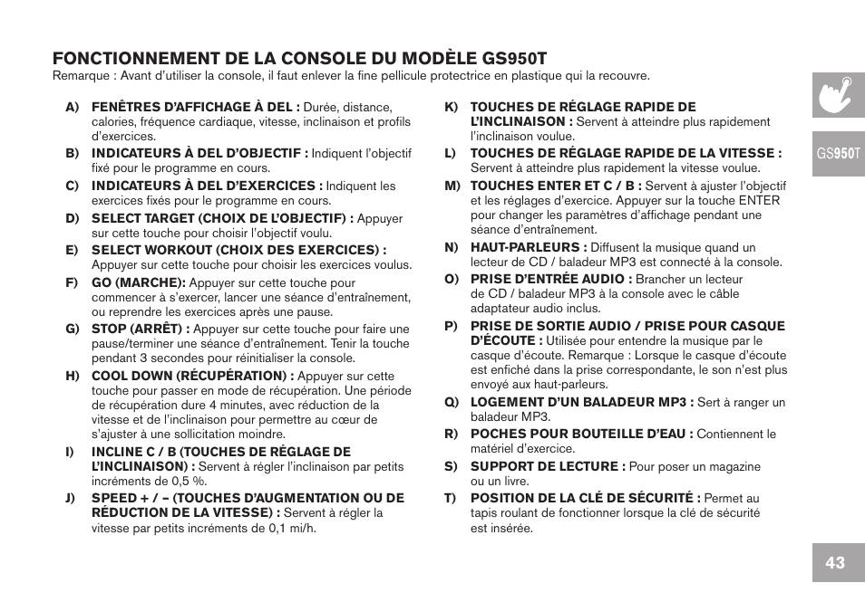 Fonctionnement de la console du modèle gs950t | Horizon Fitness GS950T User Manual | Page 43 / 88