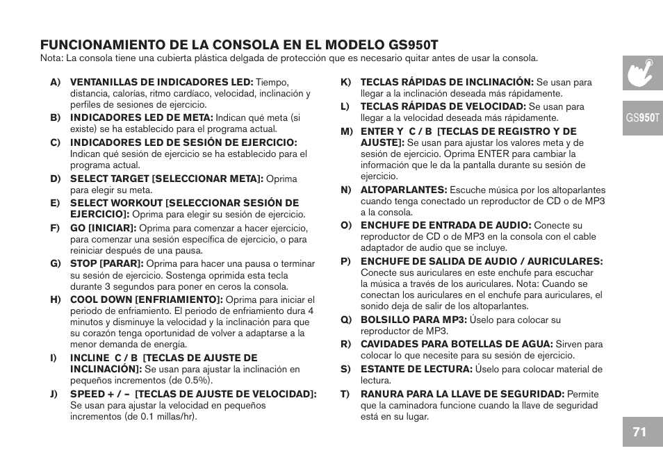 Funcionamiento de la consola en el modelo gs950t | Horizon Fitness GS950T User Manual | Page 71 / 88