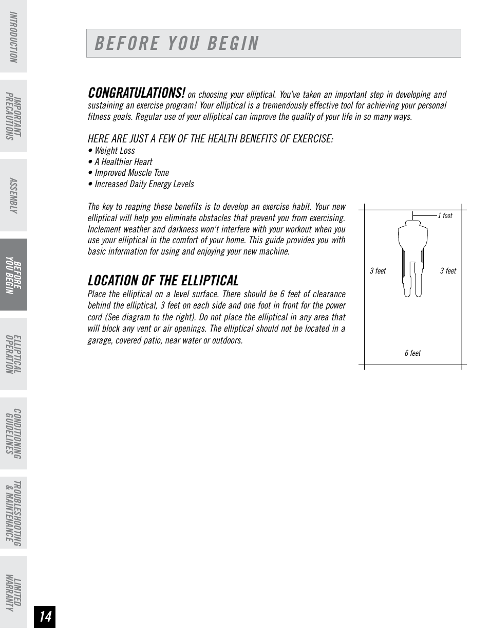 Before you begin, Location of the elliptical | Horizon Fitness LS 625E User Manual | Page 14 / 32