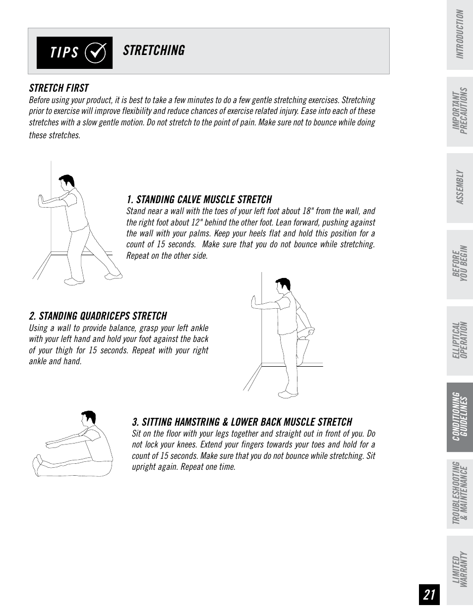 Tips, Stretching | Horizon Fitness LS 625E User Manual | Page 21 / 32