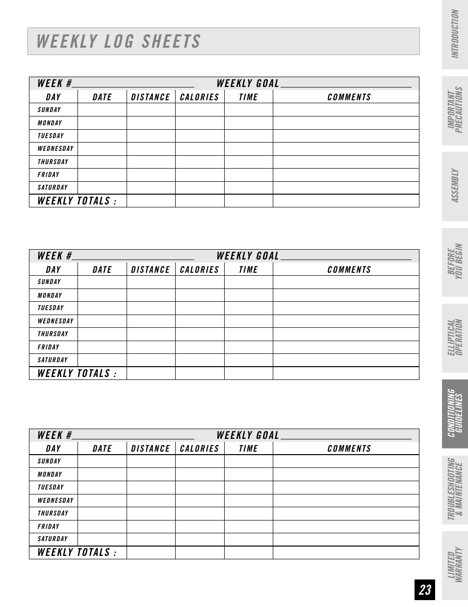 Weekly log sheets | Horizon Fitness LS 625E User Manual | Page 23 / 32