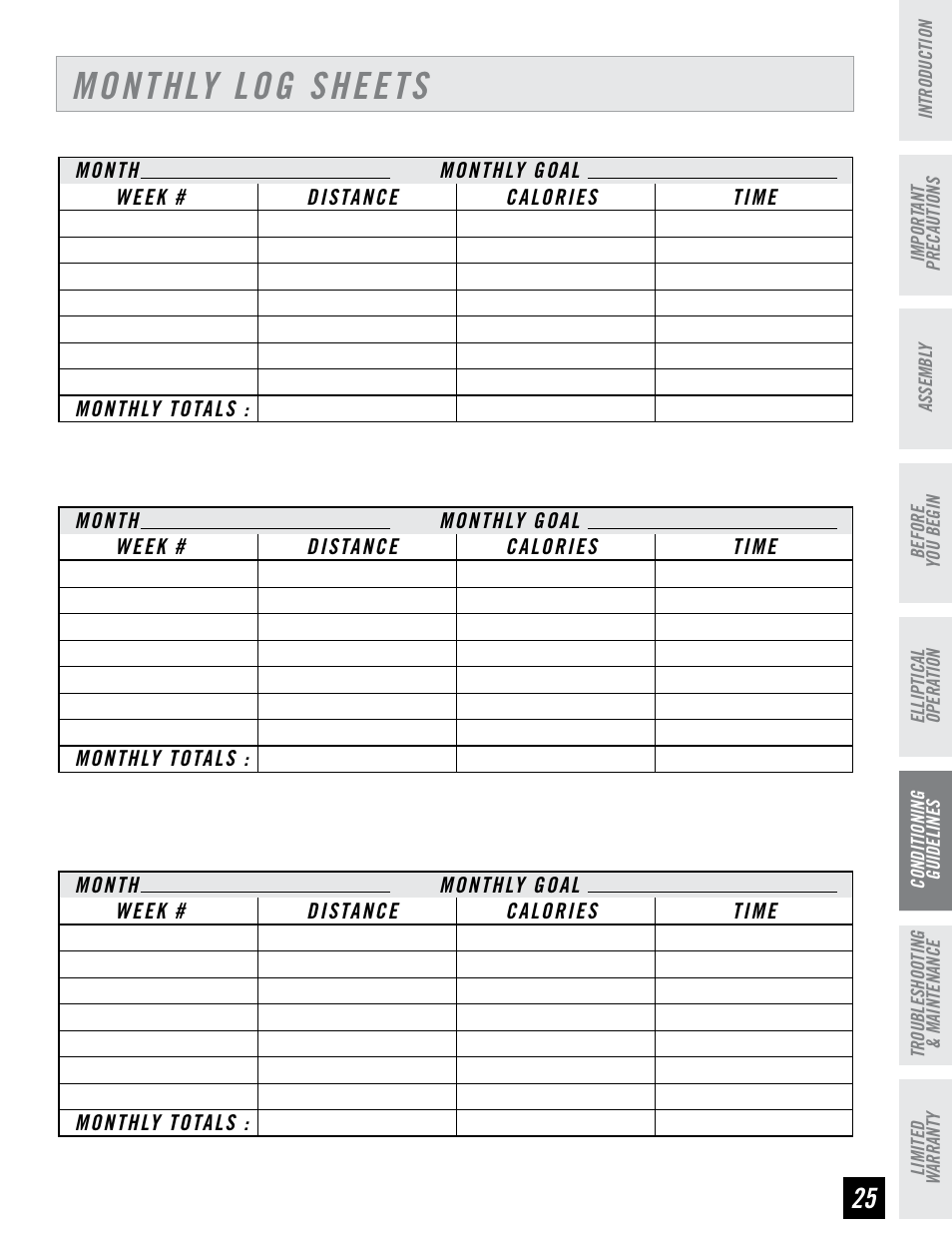 Monthly log sheets | Horizon Fitness LS 625E User Manual | Page 25 / 32