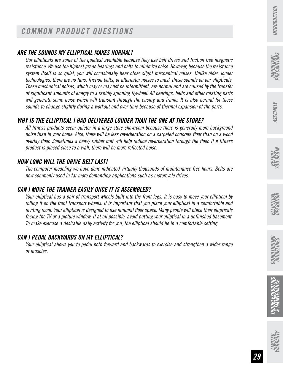 Common product questions | Horizon Fitness LS 625E User Manual | Page 29 / 32