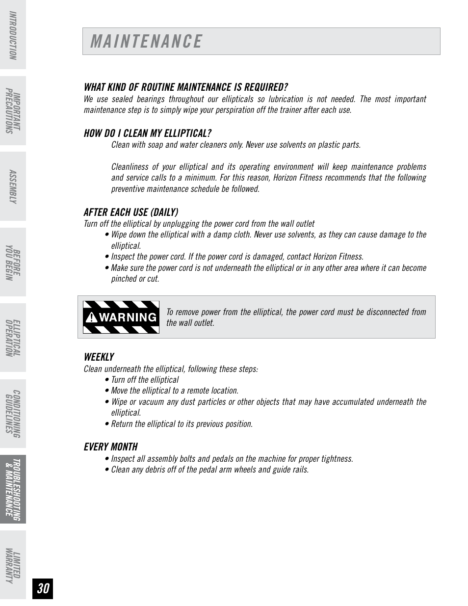 Maintenance | Horizon Fitness LS 625E User Manual | Page 30 / 32