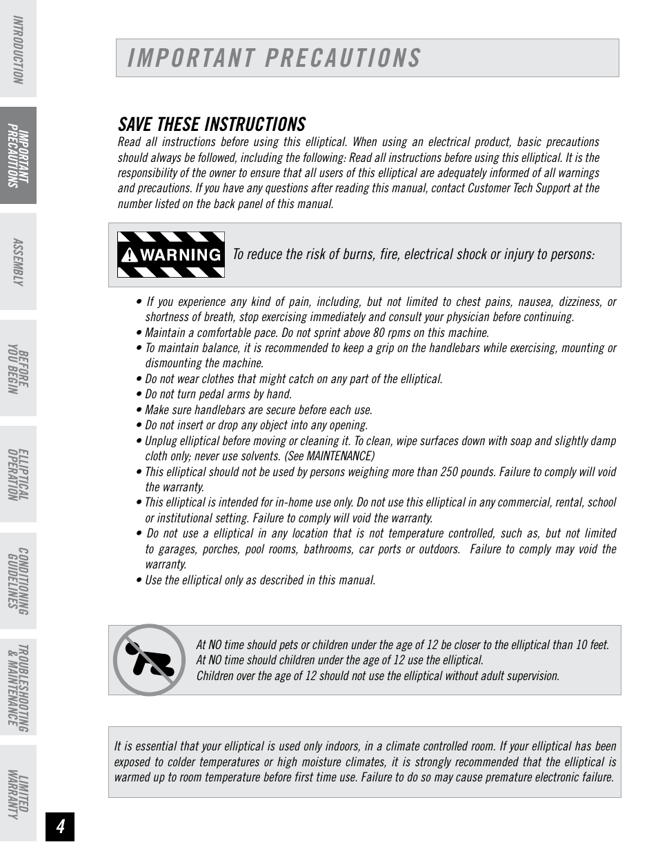 Important precautions, Save these instructions | Horizon Fitness LS 625E User Manual | Page 4 / 32