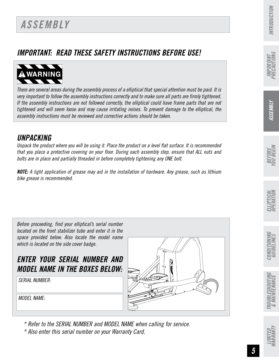 Assembly, Unpacking | Horizon Fitness LS 625E User Manual | Page 5 / 32
