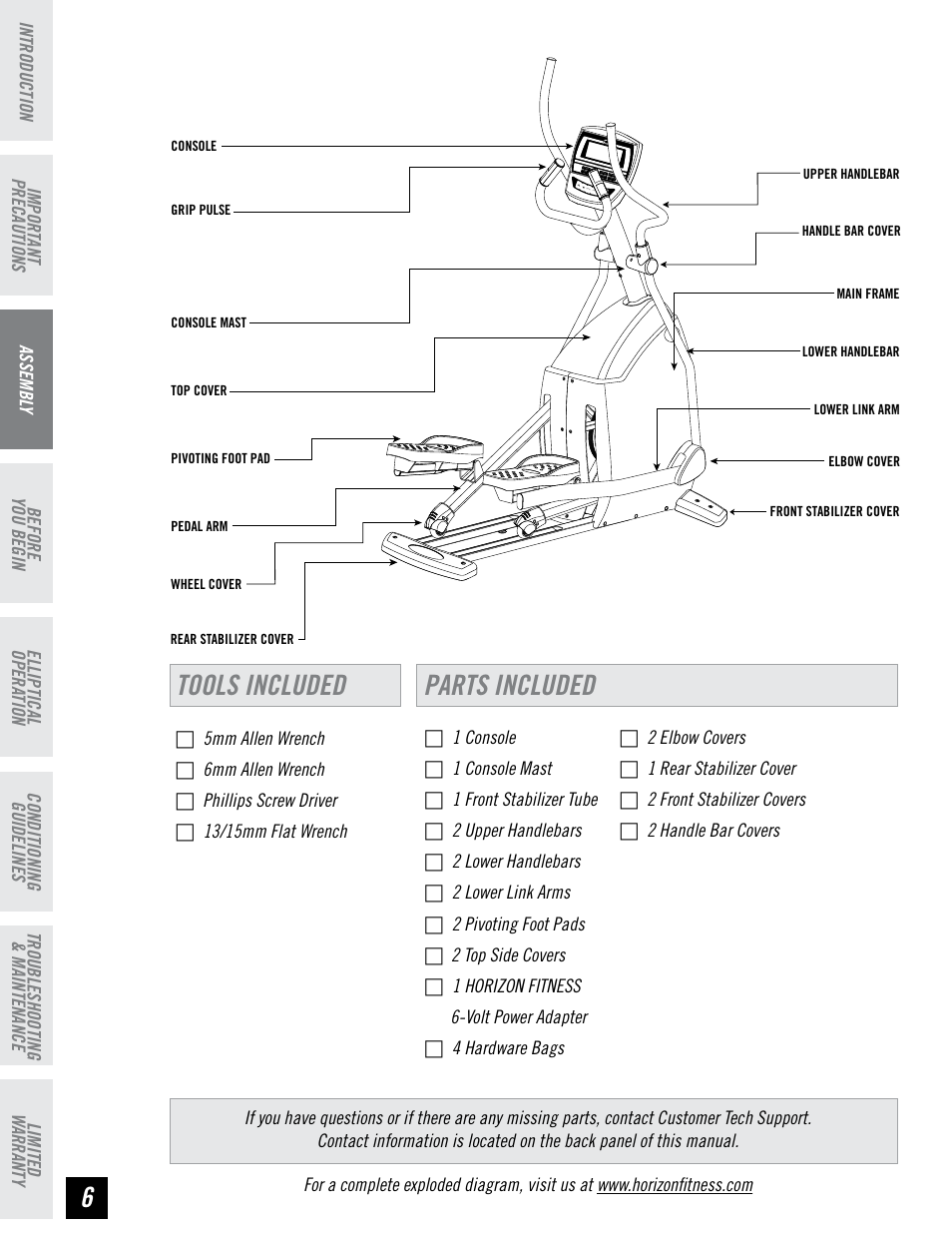 Tools included parts included | Horizon Fitness LS 625E User Manual | Page 6 / 32