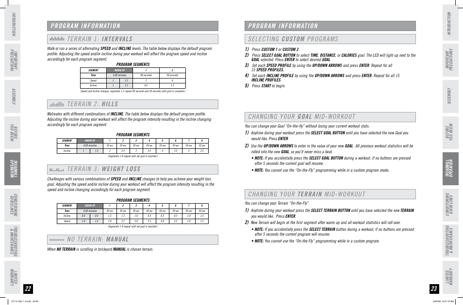 Terrain 1: intervals, Terrain 2: hills, Terrain 3: weight loss | Program information no terrain: manual, Changing your goal mid-workout, Selecting custom programs | Horizon Fitness HORIZON SERIES CT7.0 User Manual | Page 12 / 19