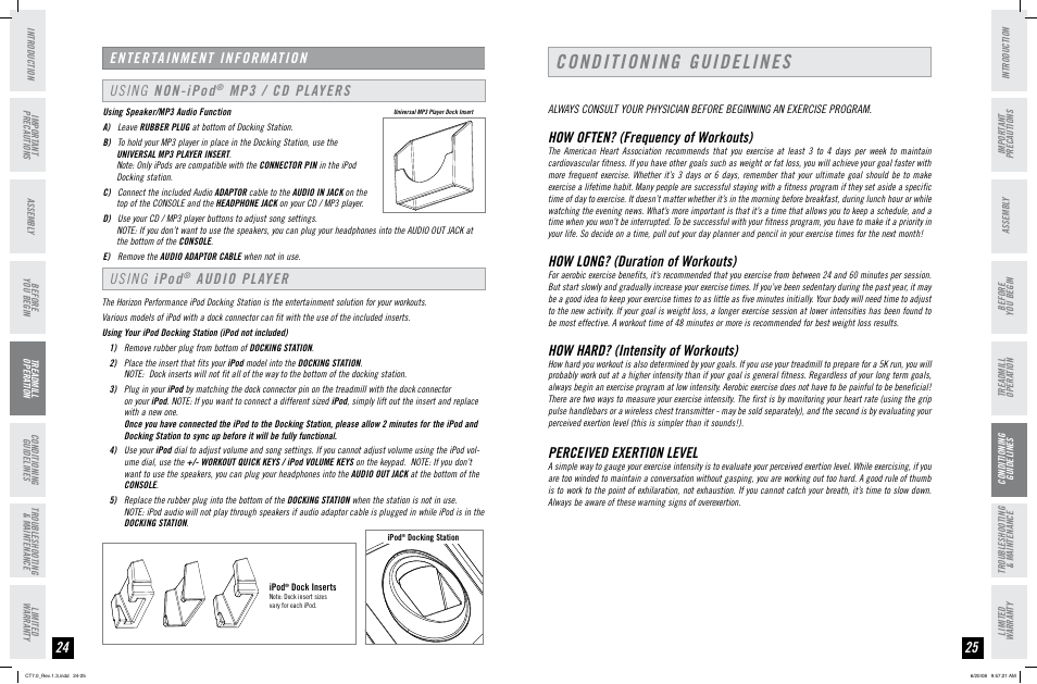 Conditioning guidelines, Using non-ipod, Mp / cd players entertainment information | Using ipod, Audio player, How often? (frequency of workouts), How long? (duration of workouts), How hard? (intensity of workouts), Perceived exertion level | Horizon Fitness HORIZON SERIES CT7.0 User Manual | Page 13 / 19