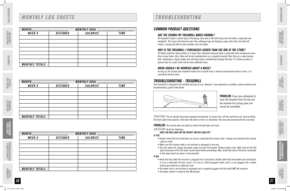 Monthly log sheets, Troubleshooting, Common product questions | Troubleshooting - treadmill | Horizon Fitness HORIZON SERIES CT7.0 User Manual | Page 16 / 19