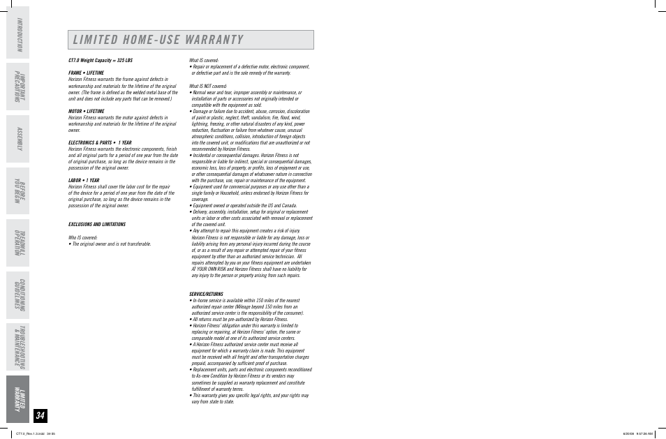 Limited home-use warranty | Horizon Fitness HORIZON SERIES CT7.0 User Manual | Page 18 / 19