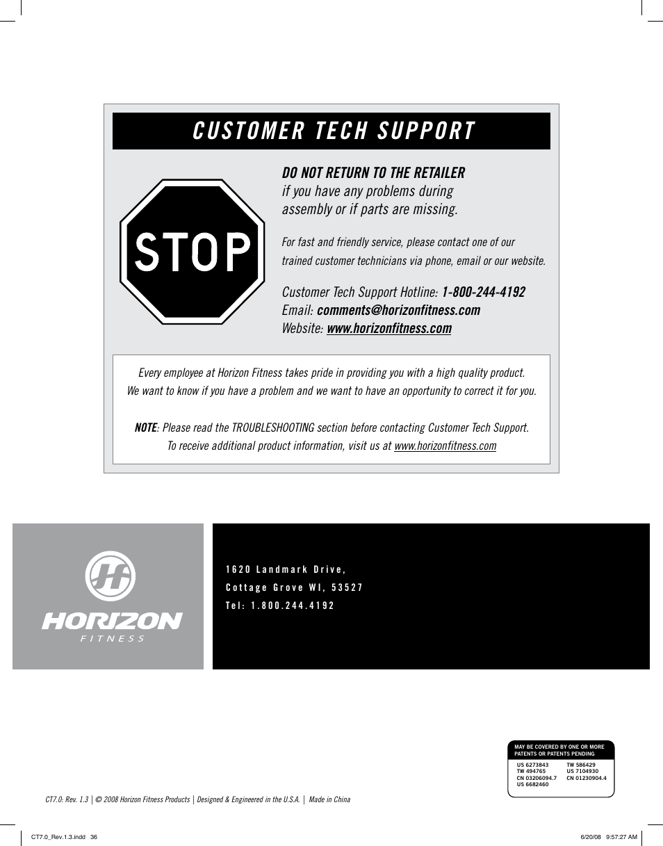 Customer tech support | Horizon Fitness HORIZON SERIES CT7.0 User Manual | Page 19 / 19