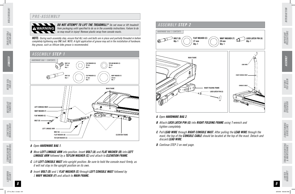 Pre-assembly assembly step 1, Assembly step 2, Warning | Do not attempt to lift the treadmill | Horizon Fitness HORIZON SERIES CT7.0 User Manual | Page 5 / 19