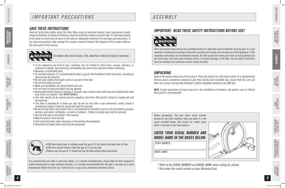 Important precautions assembly, Unpacking, Save these instructions | Horizon Fitness B600 User Manual | Page 3 / 20