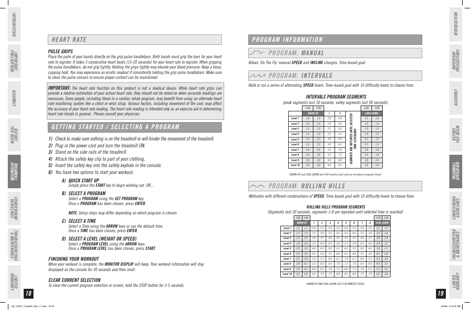 Program: intervals, Program: rolling hills, Heart rate | Select a program, Select a time, Select a level (weight or speed), Finishing your workout, Clear current selection, 1) 2) ) 4) ) ) a) b) c) d), Intervals program segments | Horizon Fitness GS 1040T User Manual | Page 10 / 19