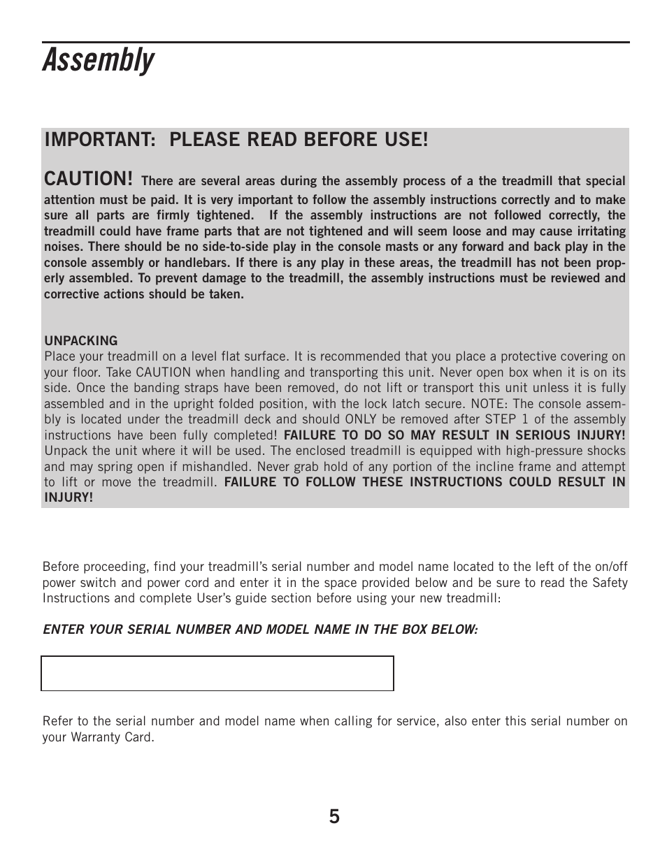 Assembly, Important: please read before use! caution | Horizon Fitness T805 User Manual | Page 5 / 30