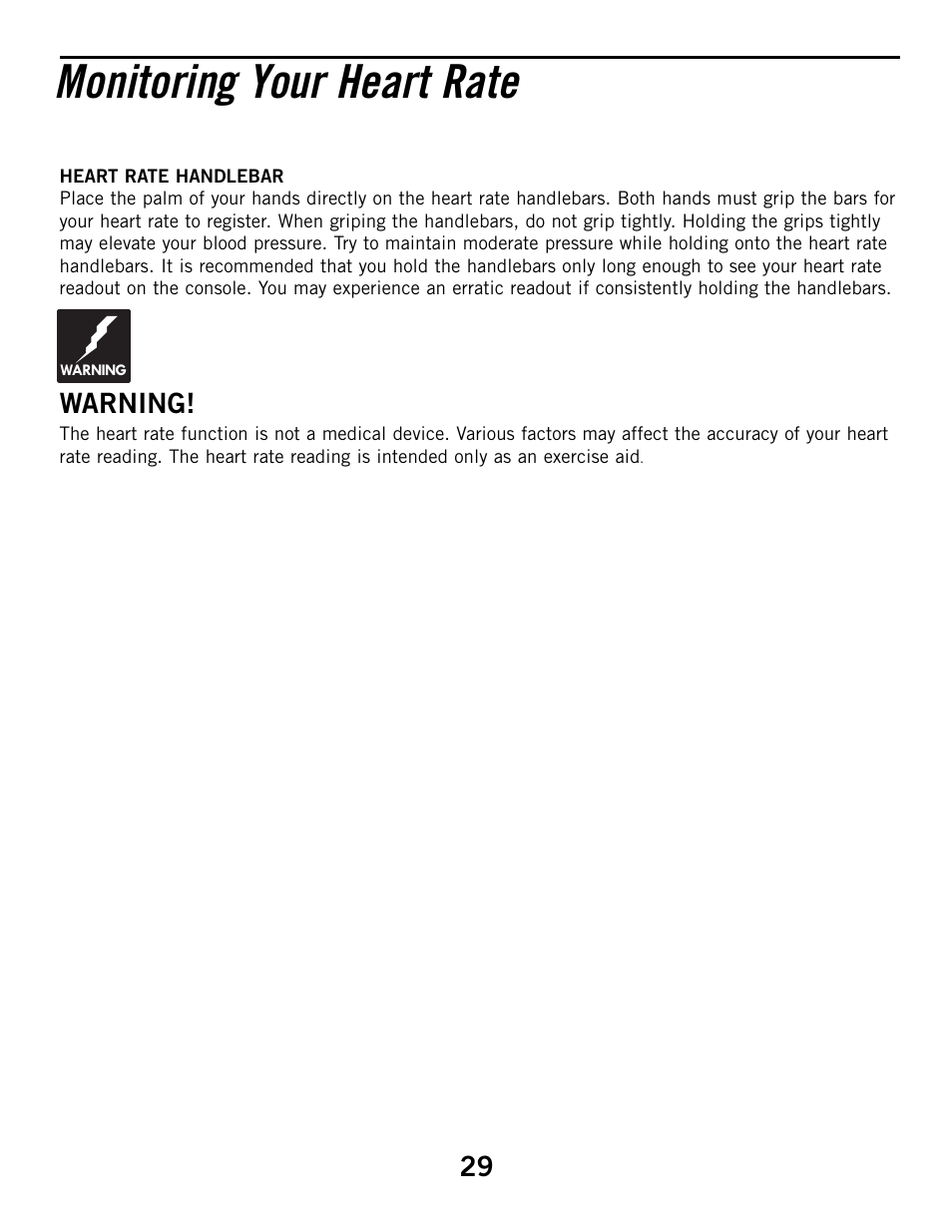 Monitoring your heart rate, Warning | Horizon Fitness 3.1E User Manual | Page 29 / 36