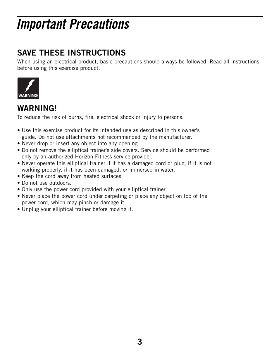 Important precautions, Save these instructions, Warning | Horizon Fitness 3.1E User Manual | Page 3 / 36