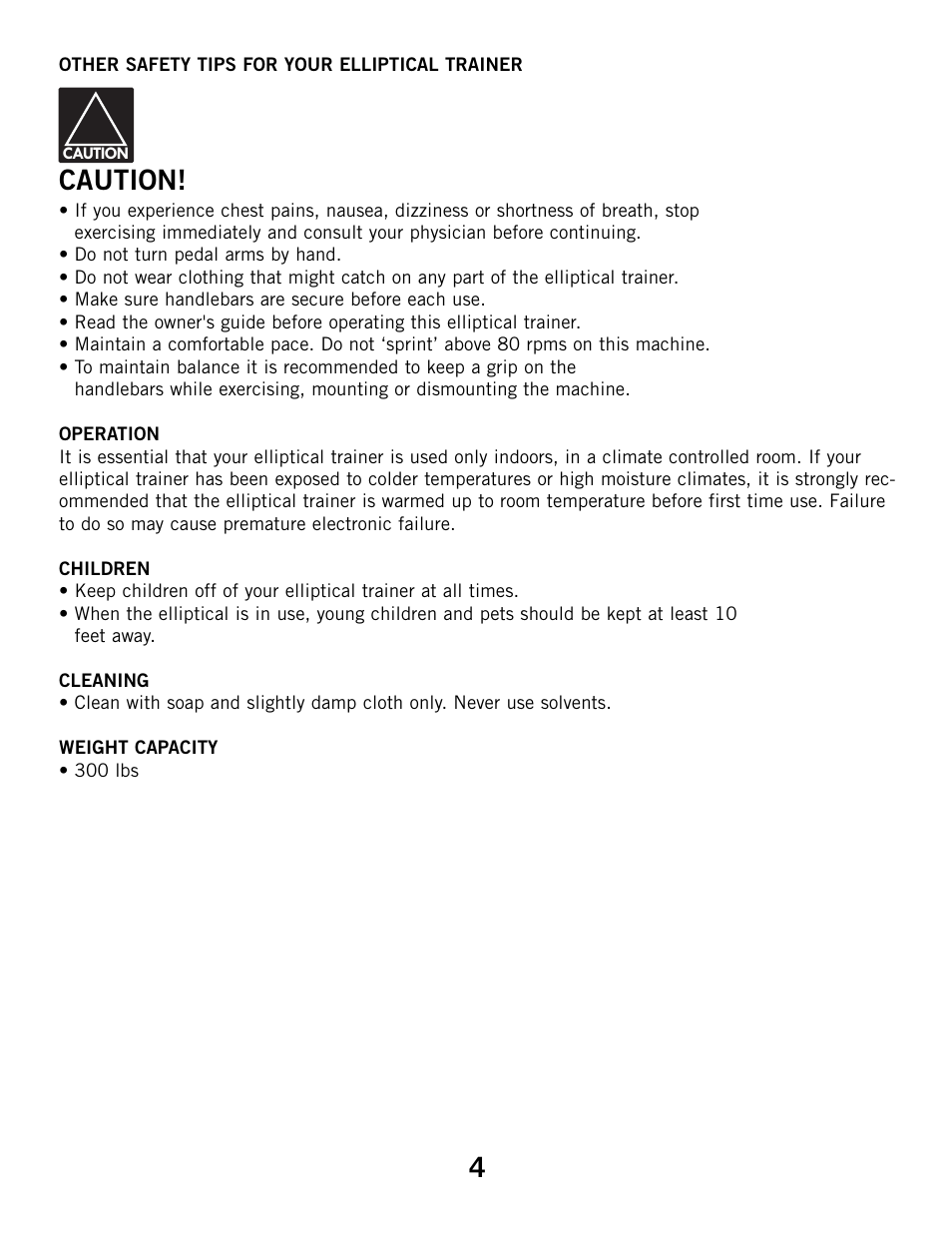 Caution | Horizon Fitness 3.1E User Manual | Page 4 / 36