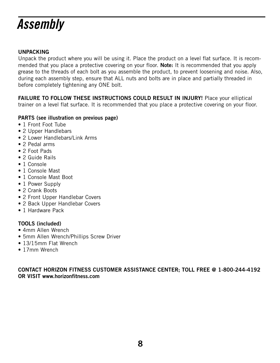 Assembly | Horizon Fitness 3.1E User Manual | Page 8 / 36