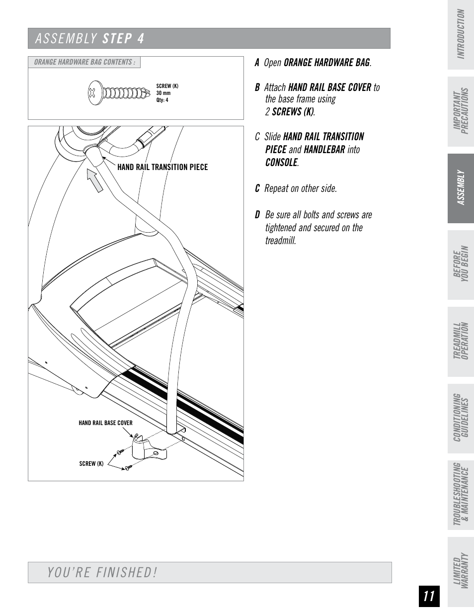 You’re finished, Assembly step 4 | Horizon Fitness ELITE SERIES AFG T6 User Manual | Page 11 / 44