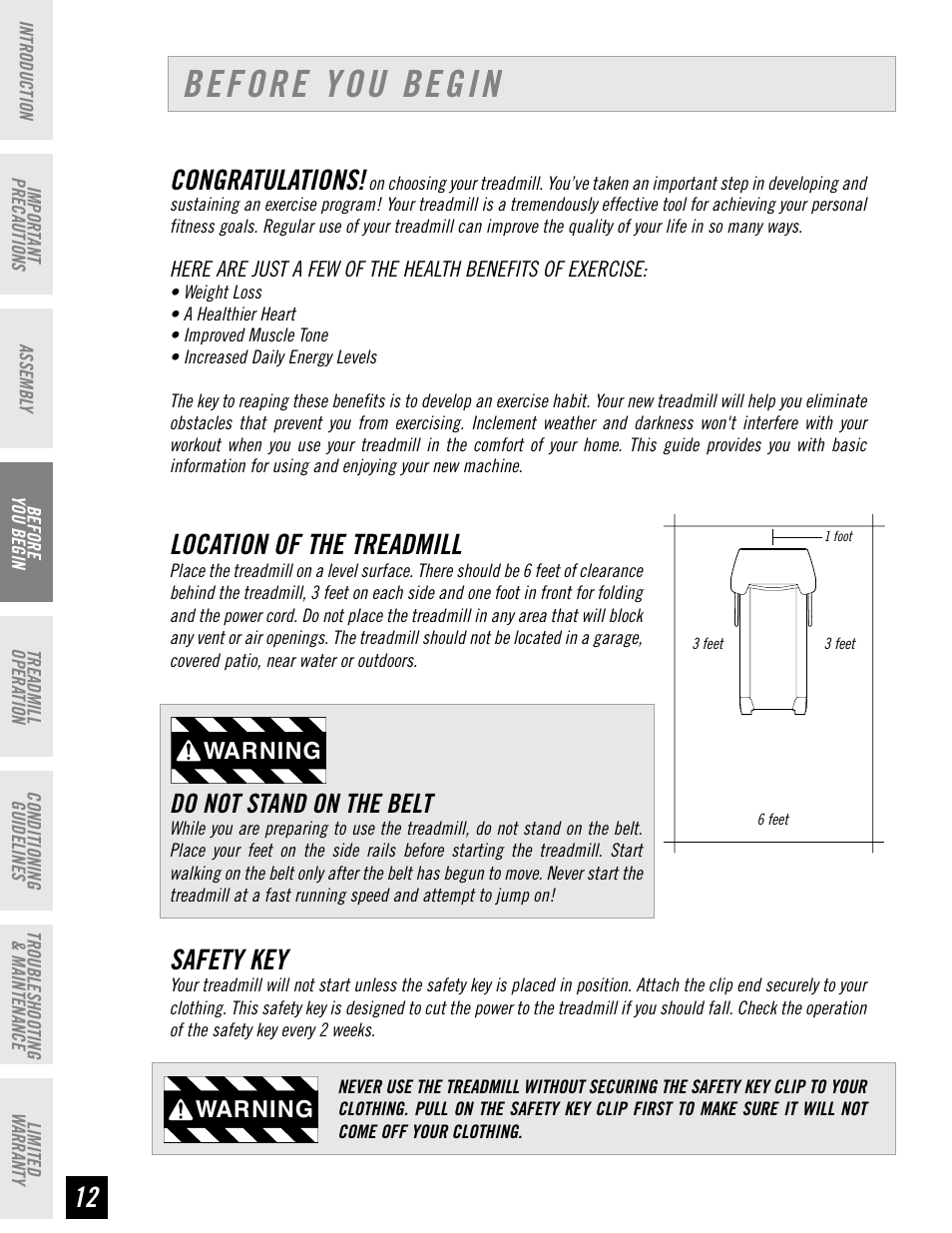 Before you begin, Location of the treadmill, Safety key | Do not stand on the belt, Warning | Horizon Fitness ELITE SERIES AFG T6 User Manual | Page 12 / 44