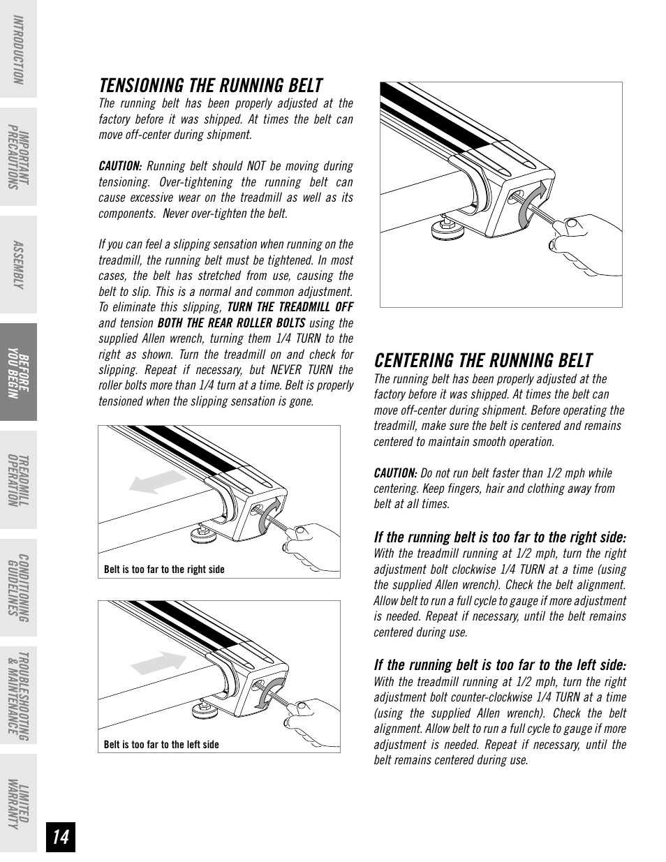 Centering the running belt, Tensioning the running belt | Horizon Fitness ELITE SERIES AFG T6 User Manual | Page 14 / 44