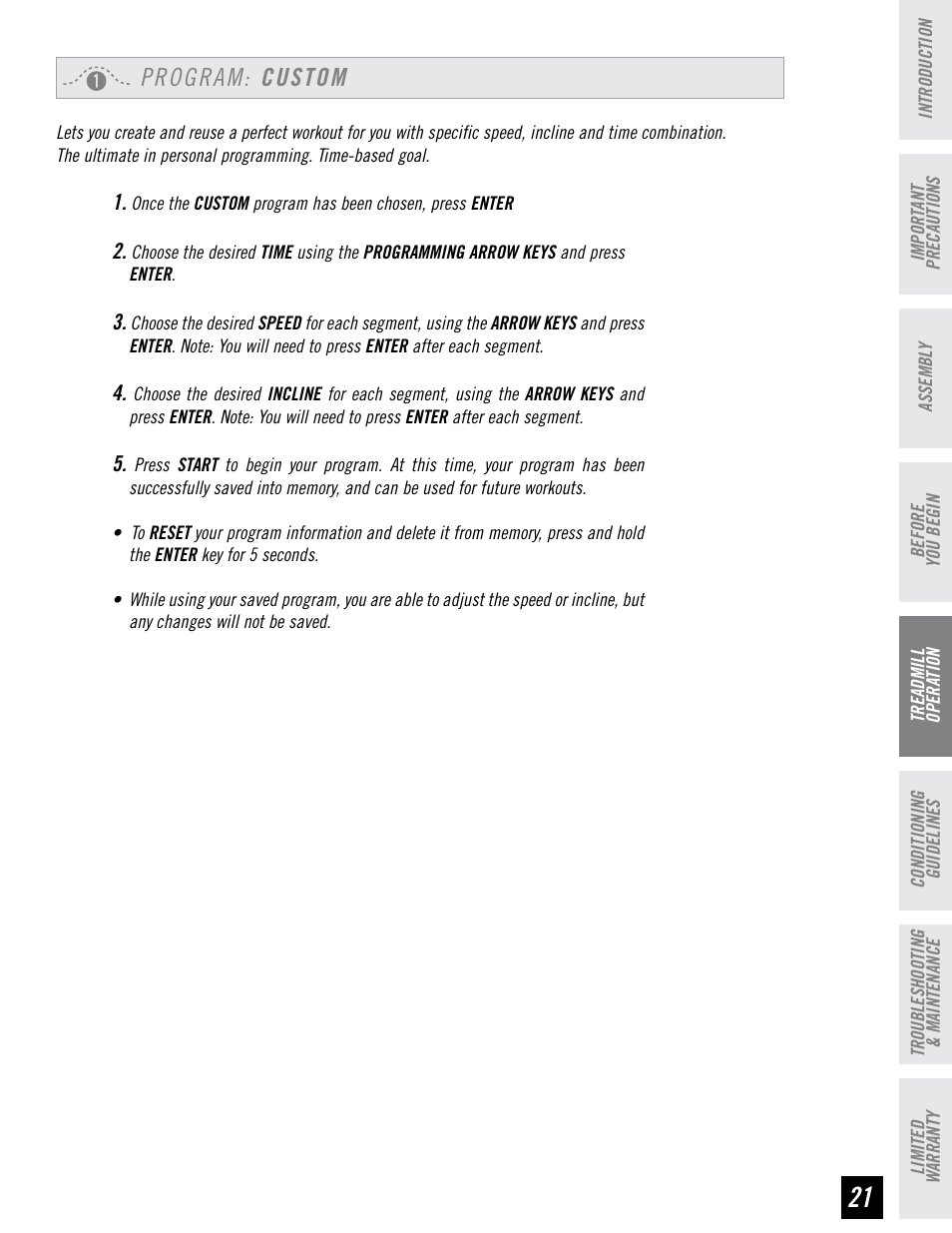 Program: custom | Horizon Fitness ELITE SERIES AFG T6 User Manual | Page 21 / 44