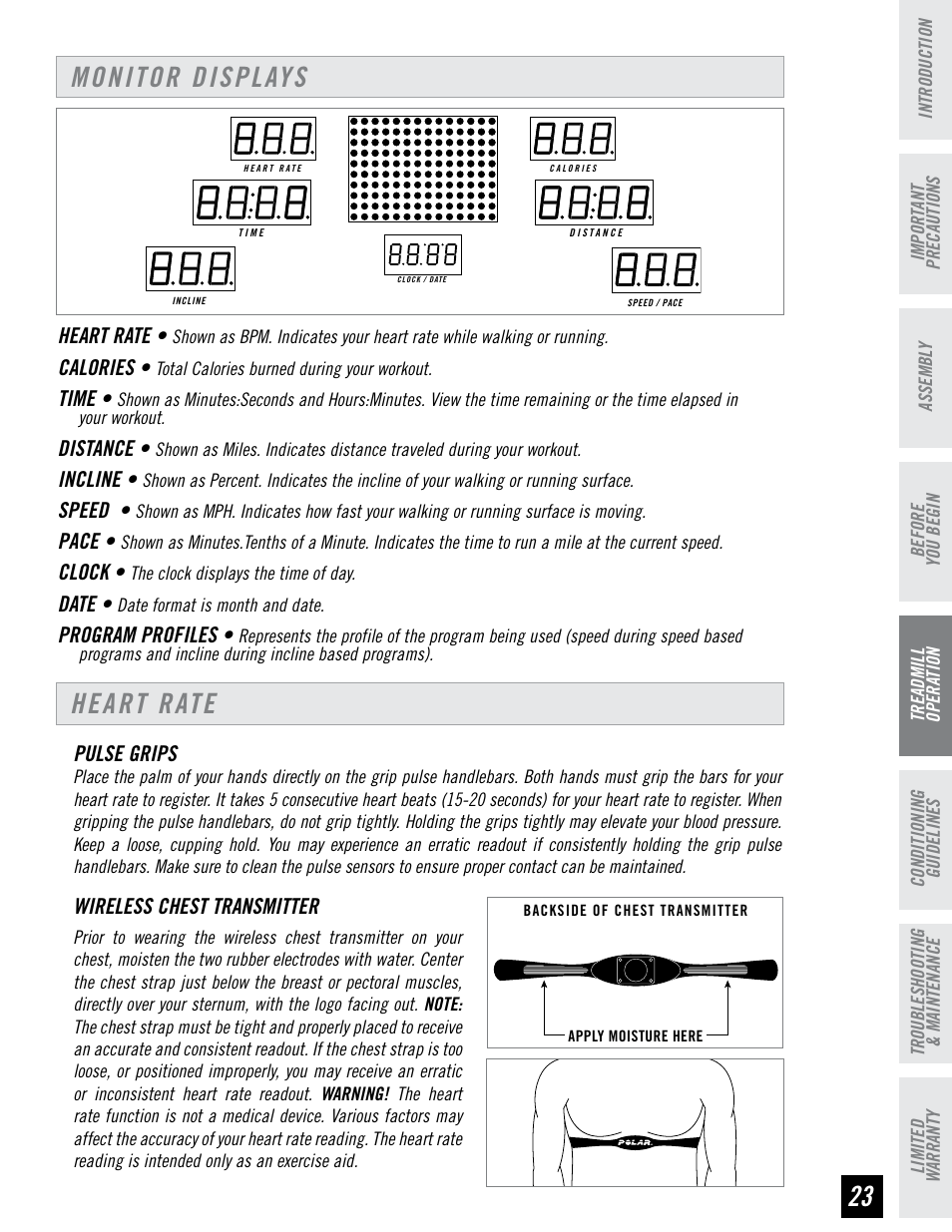 Heart rate, Monitor displays | Horizon Fitness ELITE SERIES AFG T6 User Manual | Page 23 / 44