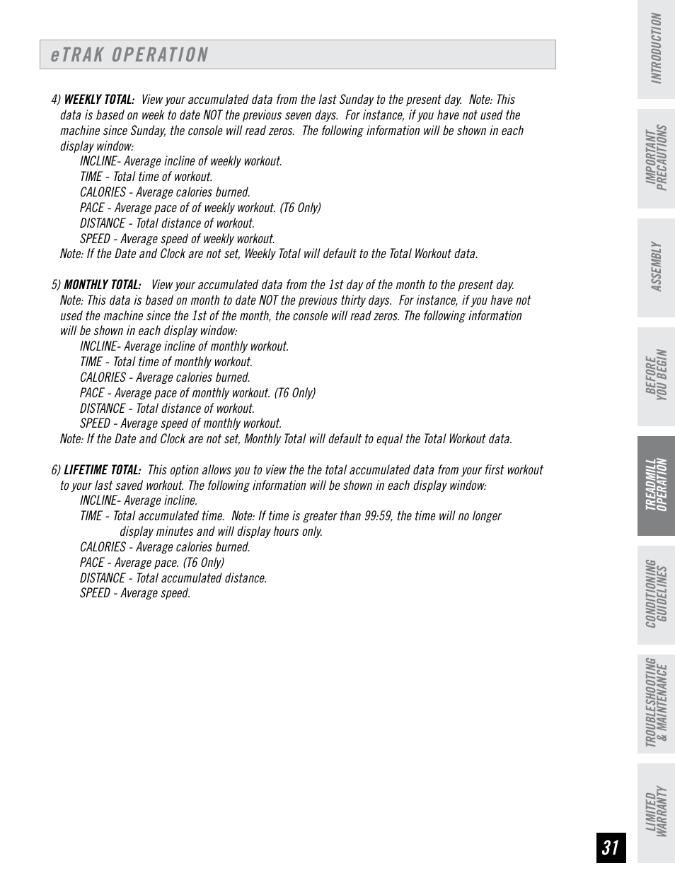 Etrak operation | Horizon Fitness ELITE SERIES AFG T6 User Manual | Page 31 / 44