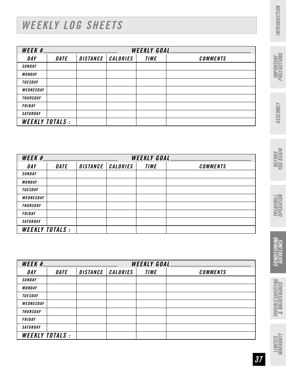 Weekly log sheets | Horizon Fitness ELITE SERIES AFG T6 User Manual | Page 37 / 44