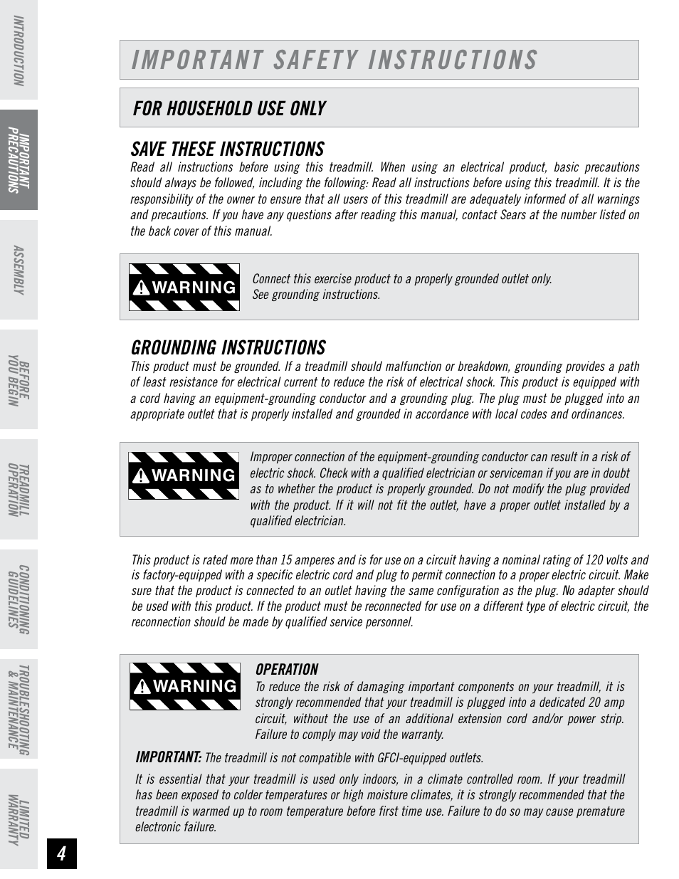 Important safety instructions, Save these instructions, Grounding instructions | For household use only, Warning | Horizon Fitness ELITE SERIES AFG T6 User Manual | Page 4 / 44