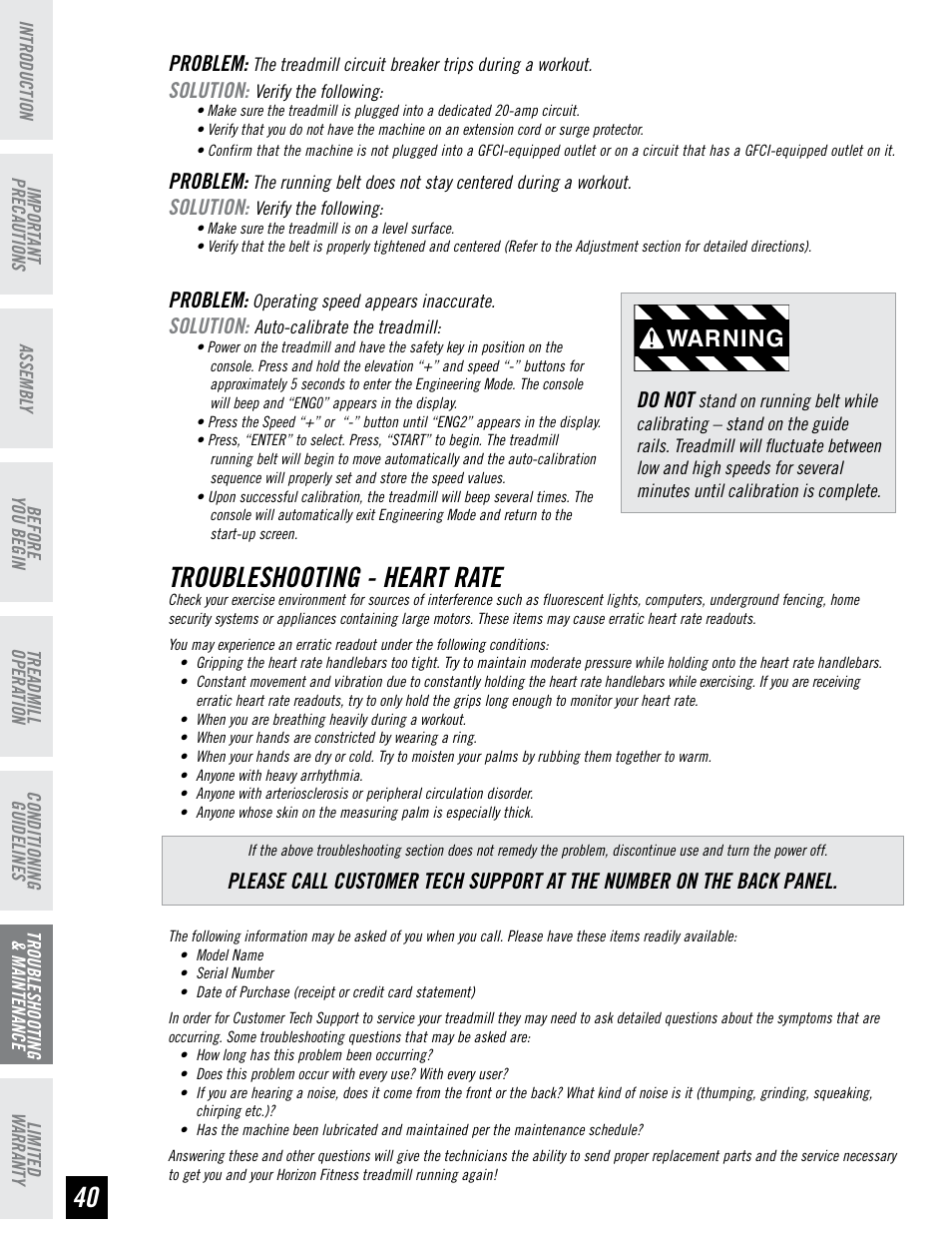 Troubleshooting - heart rate, Warning, Problem | Solution, Do not | Horizon Fitness ELITE SERIES AFG T6 User Manual | Page 40 / 44