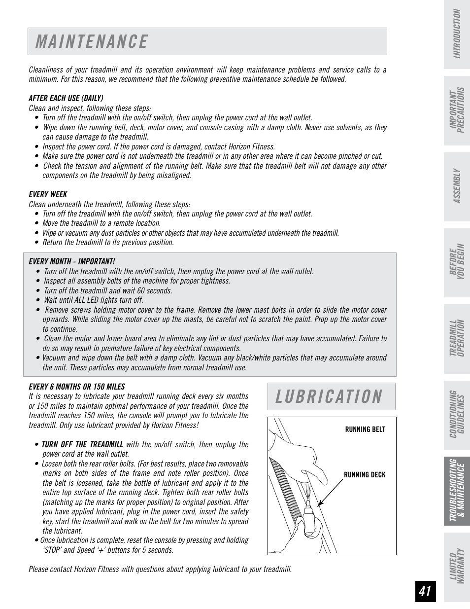 Maintenance, Lubrication | Horizon Fitness ELITE SERIES AFG T6 User Manual | Page 41 / 44