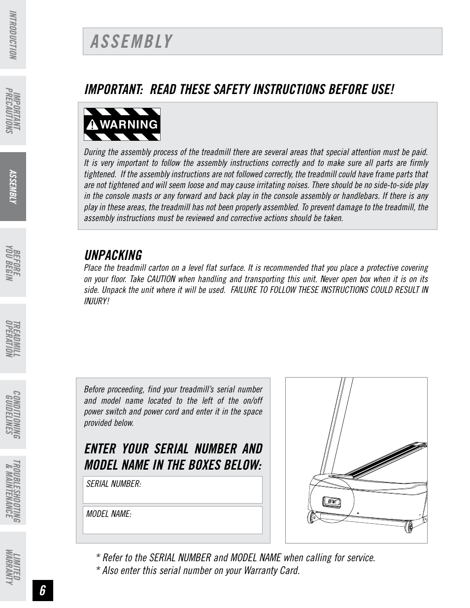 Assembly, Unpacking | Horizon Fitness ELITE SERIES AFG T6 User Manual | Page 6 / 44