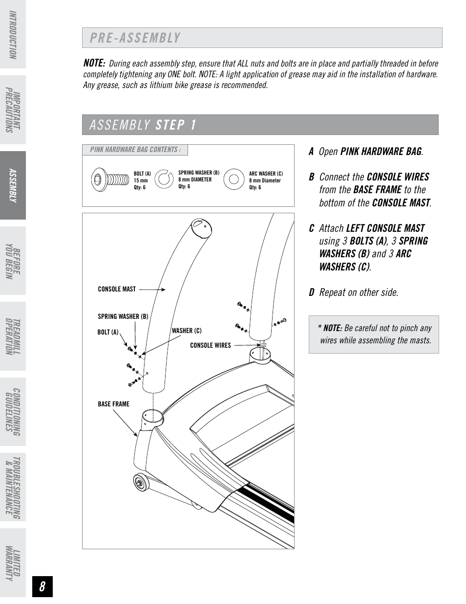 Pre-assembly assembly step 1 | Horizon Fitness ELITE SERIES AFG T6 User Manual | Page 8 / 44
