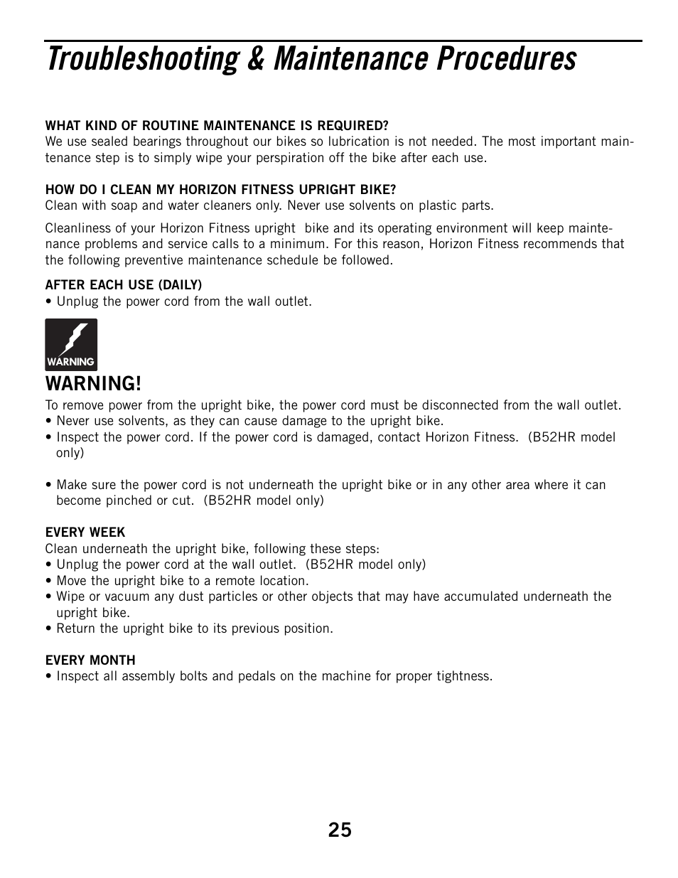 Troubleshooting & maintenance procedures, Warning | Horizon Fitness HZ SERIES B51 User Manual | Page 25 / 38