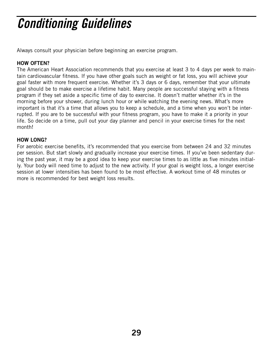 Conditioning guidelines | Horizon Fitness HZ SERIES B51 User Manual | Page 29 / 38