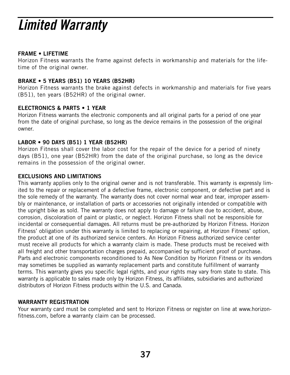 Limited warranty | Horizon Fitness HZ SERIES B51 User Manual | Page 37 / 38