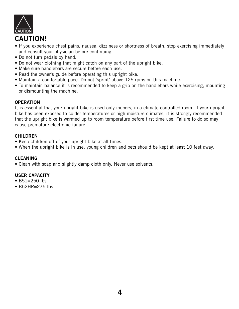 Caution | Horizon Fitness HZ SERIES B51 User Manual | Page 4 / 38