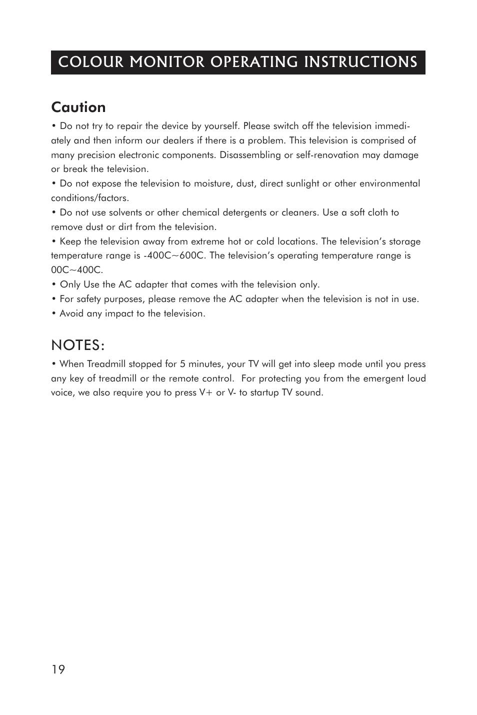 Caution, Colour monitor operating instructions | Horizon Fitness ELITE 5.1T HRC Entertainment User Manual | Page 20 / 44