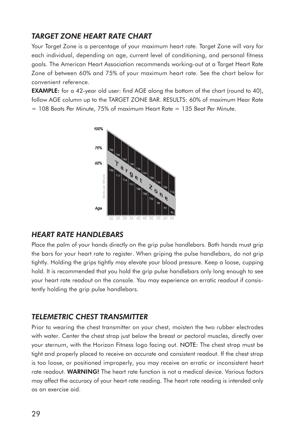 Target zone heart rate chart, Heart rate handlebars, Telemetric chest transmitter | Horizon Fitness ELITE 5.1T HRC Entertainment User Manual | Page 30 / 44