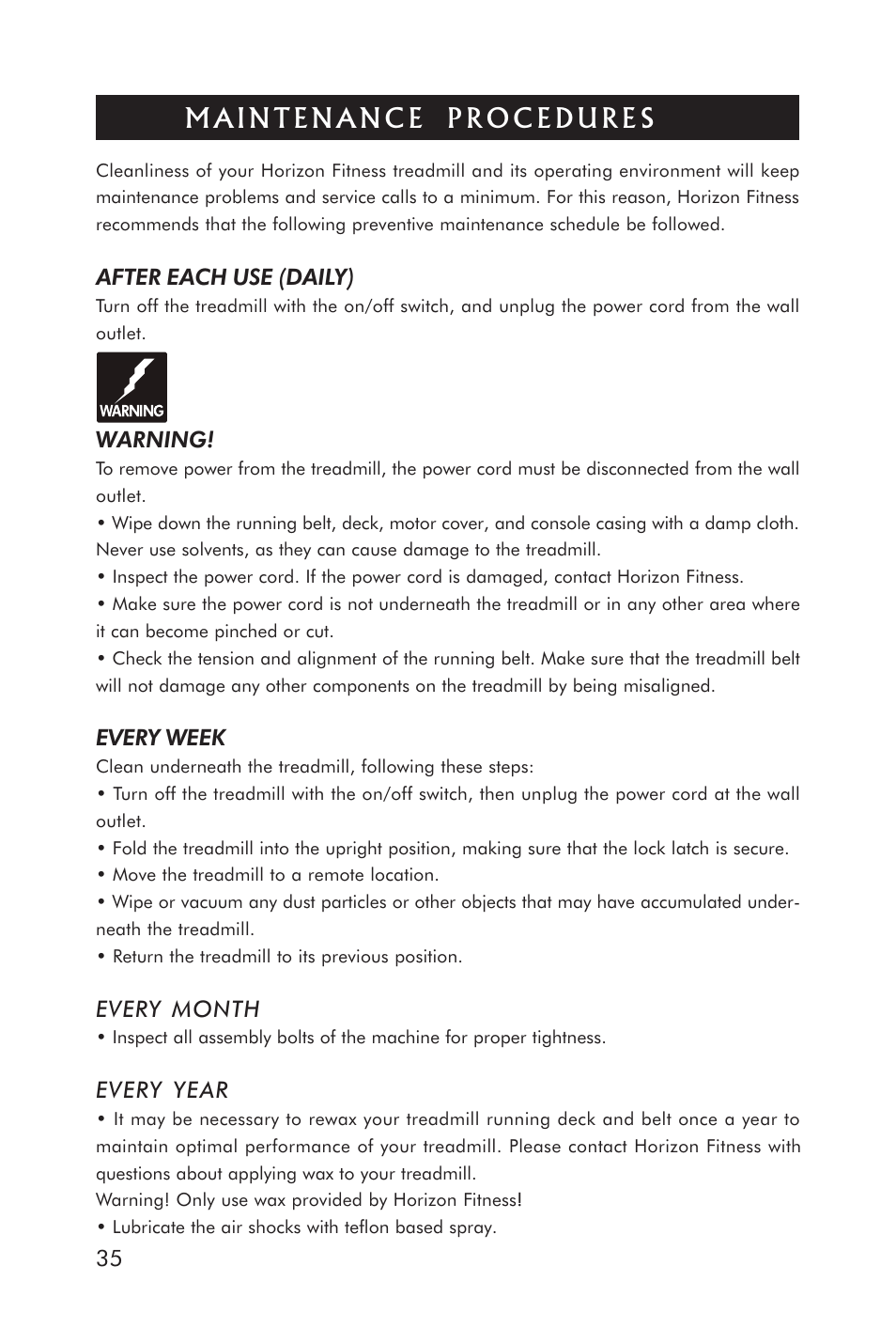 After each use (daily), Warning, Every week | Every month, Every year | Horizon Fitness ELITE 5.1T HRC Entertainment User Manual | Page 36 / 44