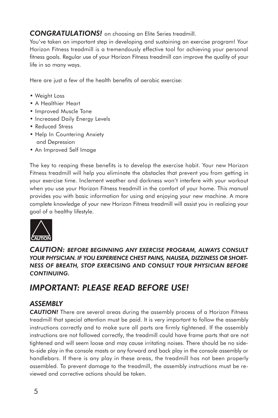 Important: please read before use | Horizon Fitness ELITE 5.1T HRC Entertainment User Manual | Page 6 / 44