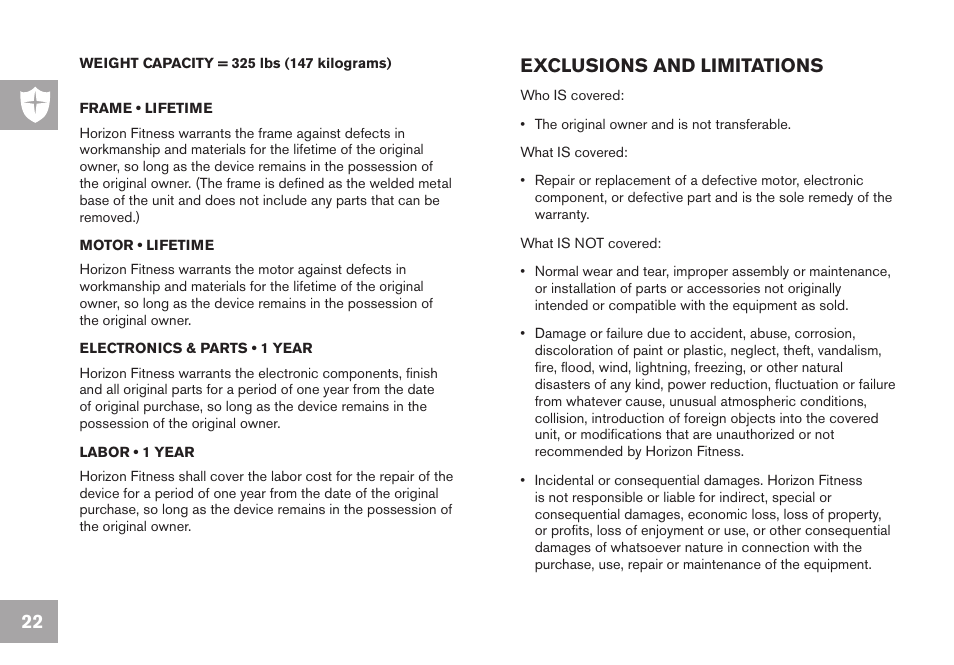 Exclusions and limitations | Horizon Fitness HORIZON TREADMILL GS1050T User Manual | Page 22 / 24