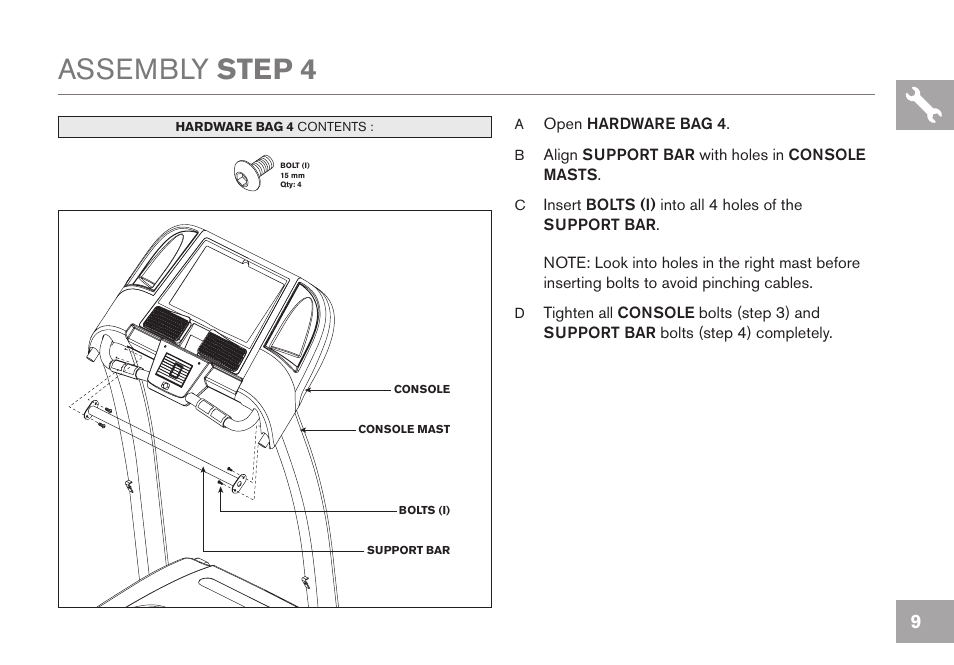 Assembly step 4 | Horizon Fitness HORIZON TREADMILL GS1050T User Manual | Page 9 / 24