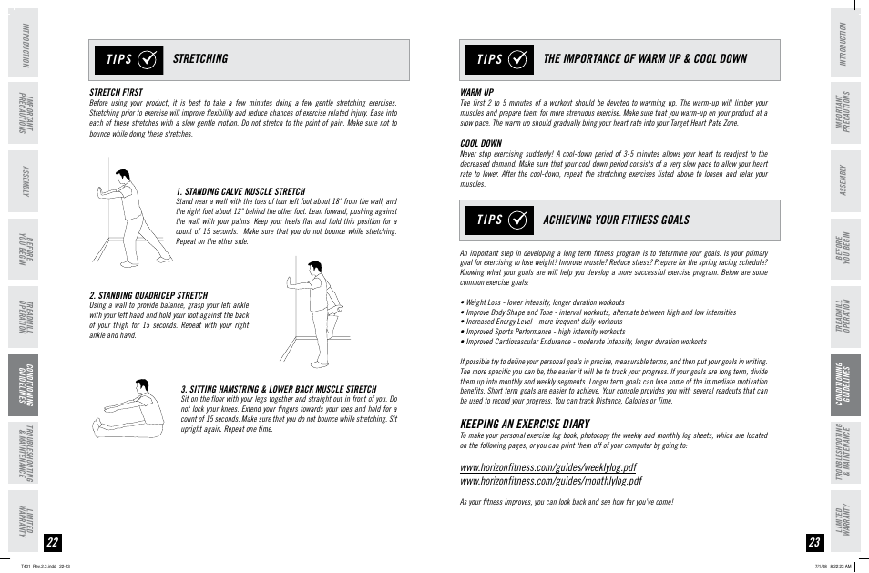 Tips, Stretching, Keeping an exercise diary | Horizon Fitness TREADMILL USER'S GUIDE T401 User Manual | Page 12 / 17